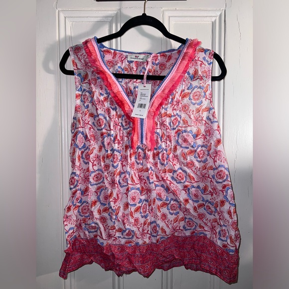 Vineyard Vines Top Women size L, Red Frangipani Floral Pintuck Fringe Sleeveless - Picture 2 of 5